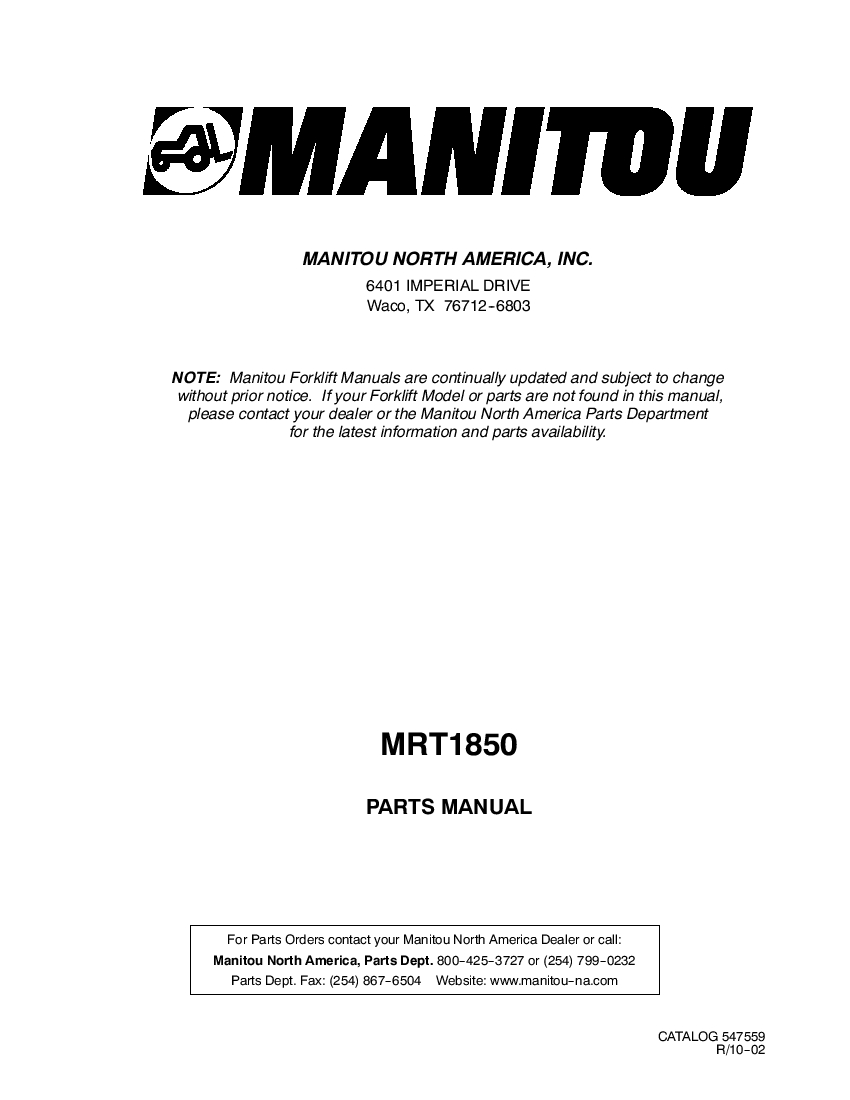 Manitou Forklift MRT1850Rev.04-01 Parts Manual PDF Download