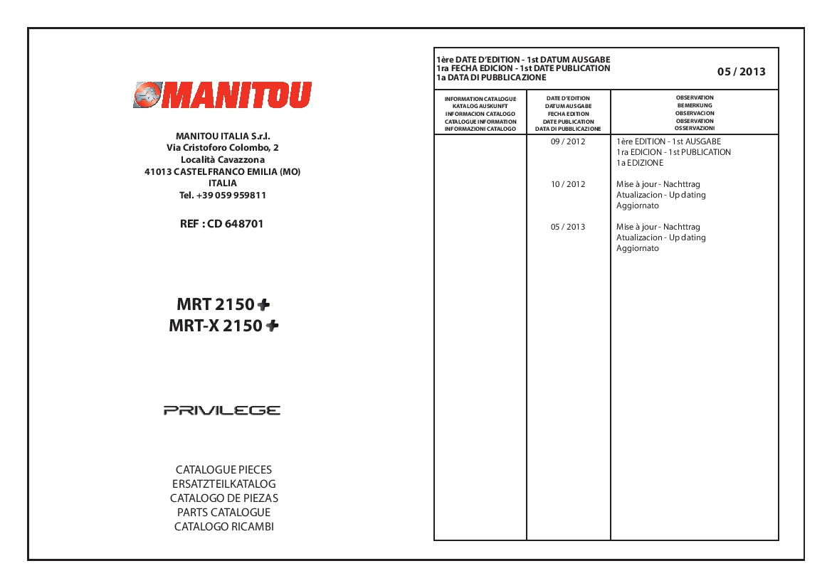 Manitou Forklift MRT2150 Parts Manual PDF Download