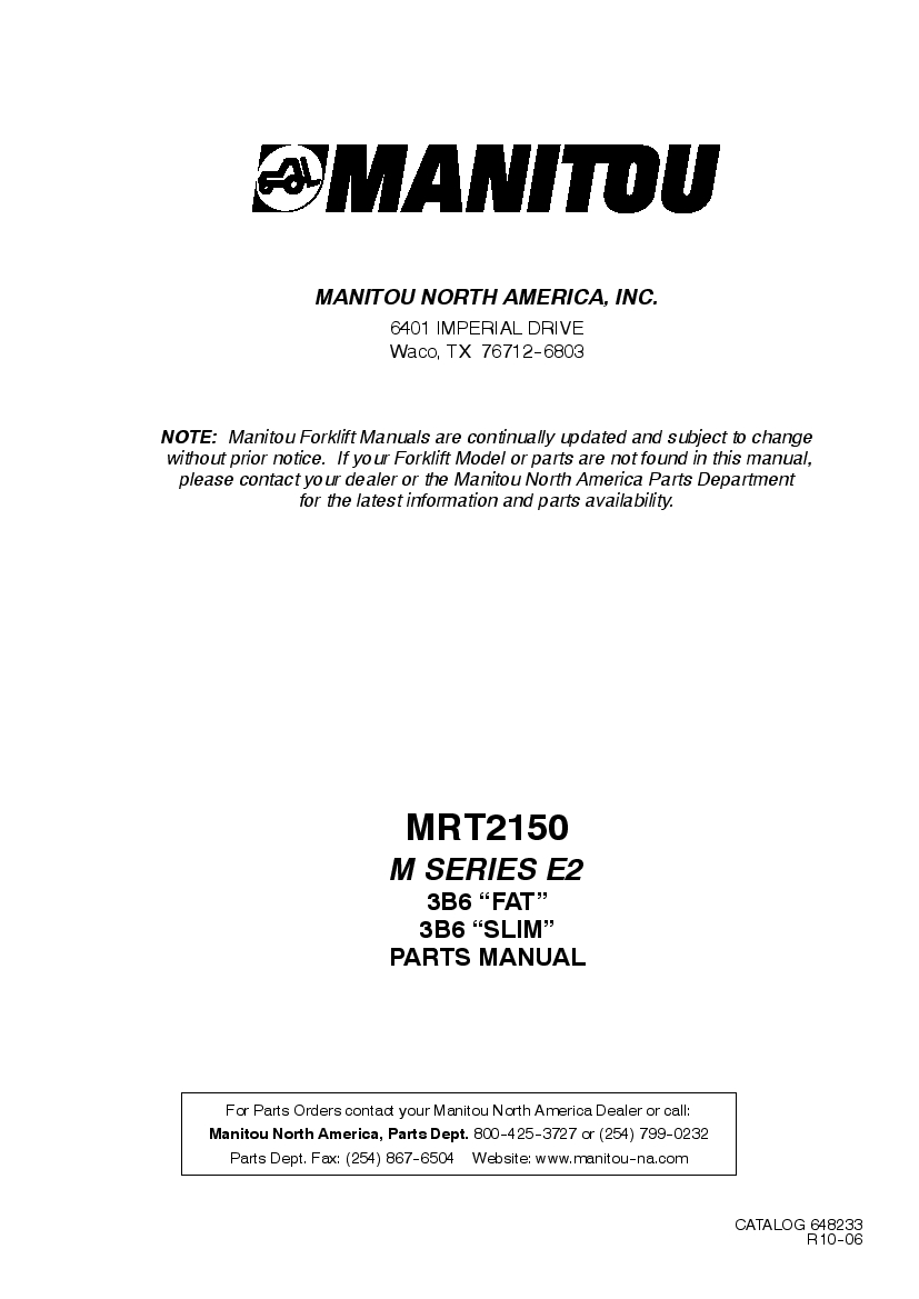 Manitou Forklift MRT2150Rev.10-06 Parts Manual PDF Download