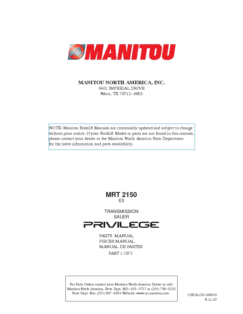 Manitou Forklift MRT2150Rev.11-10 Parts Manual PDF Download