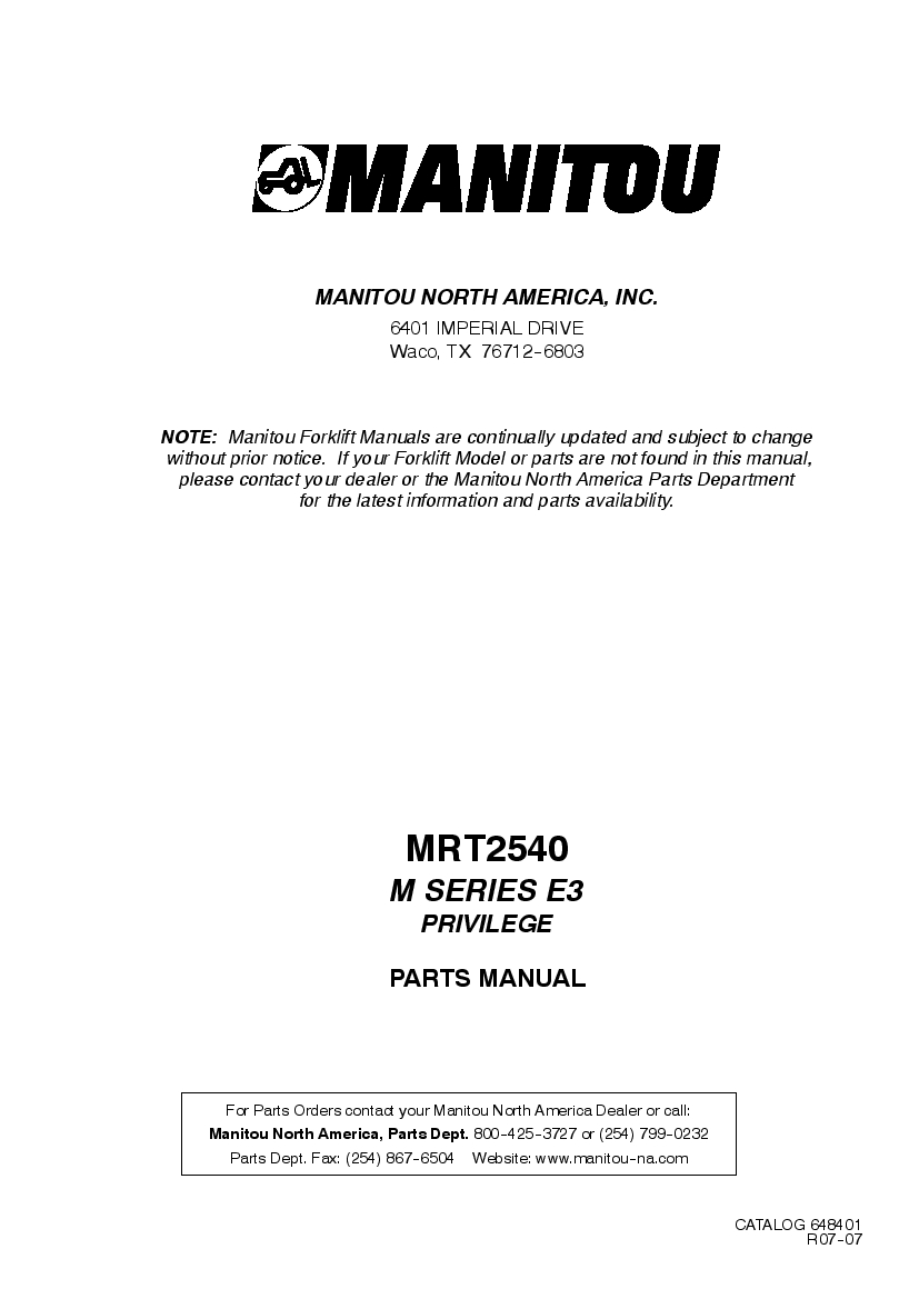 Manitou Forklift MRT2540Rev.07-07 Parts Manual PDF Download