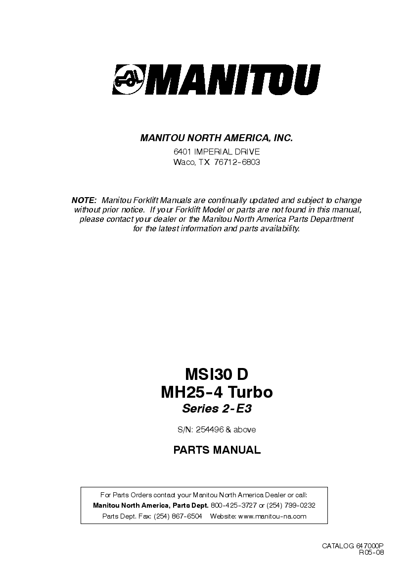 Manitou Forklift MSI30D,MH25-4-254496 Parts Manual PDF Download