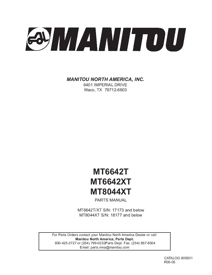 Manitou Forklift MT6642T-XT,MT8044XT-805931D Parts Manual PDF Download