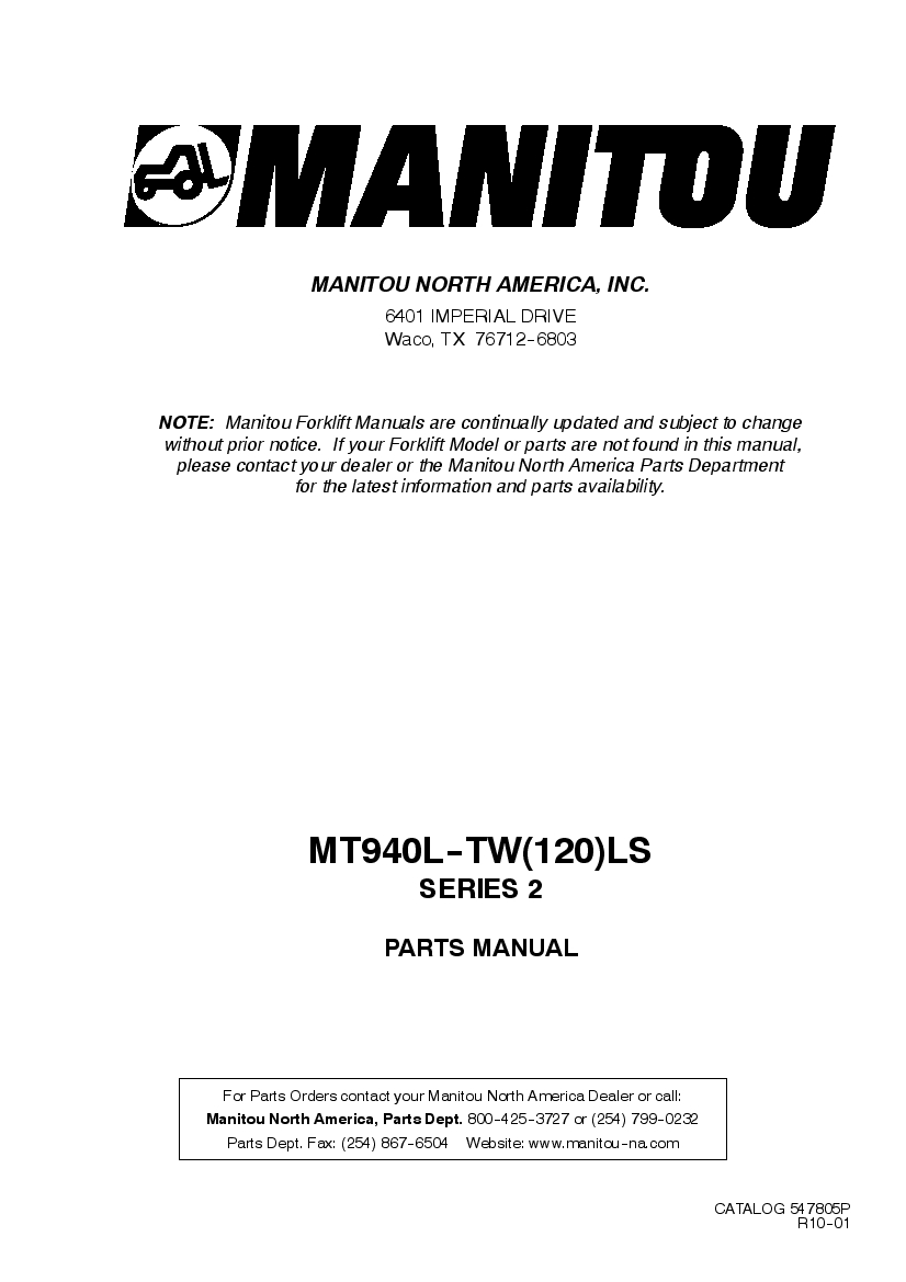 Manitou Forklift MT940LRev.10-01 Parts Manual PDF Download