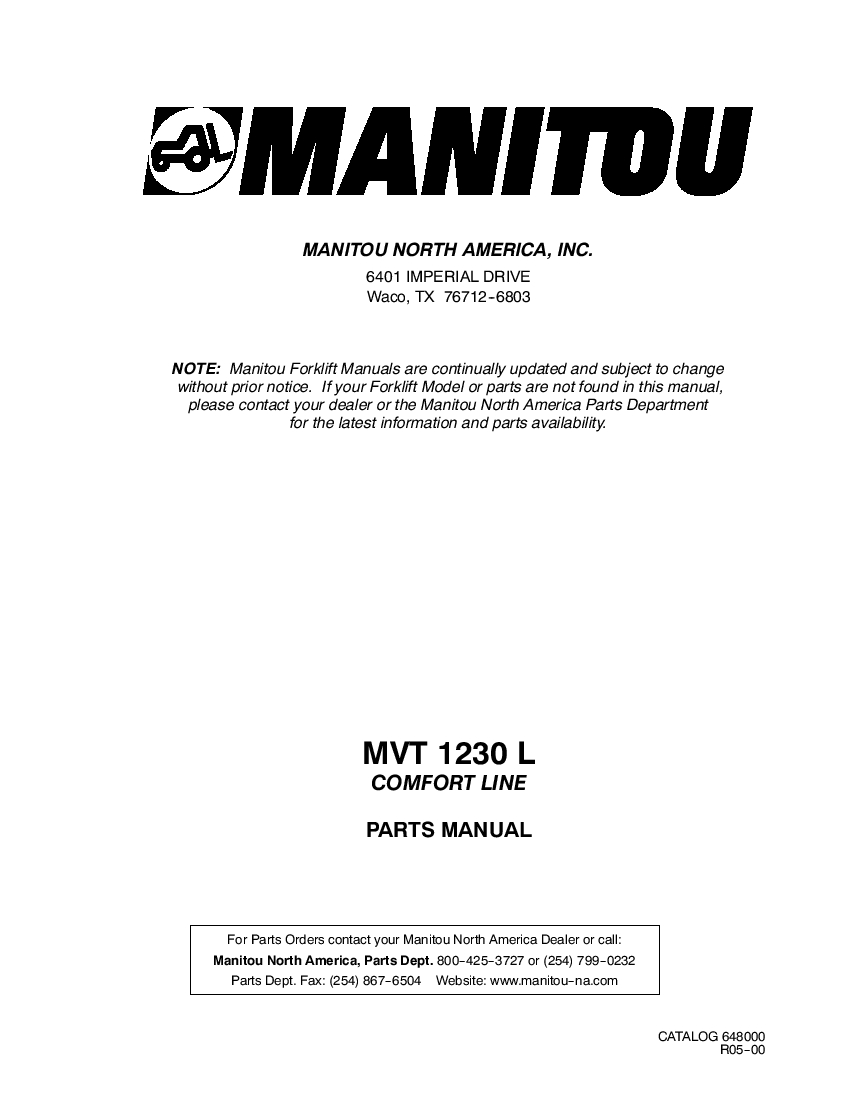 Manitou Forklift MVT1230Rev.05-00 Parts Manual PDF Download