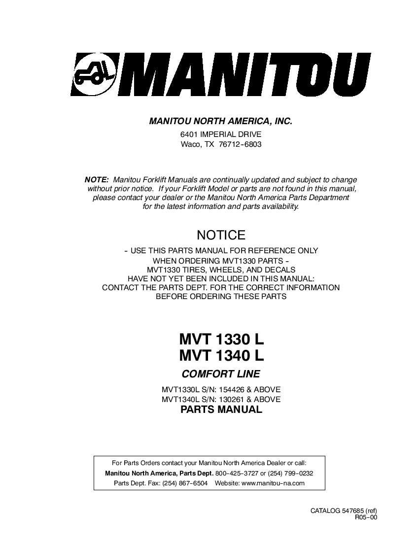 Manitou Forklift MVT1340Rev.05-00 Parts Manual PDF Download
