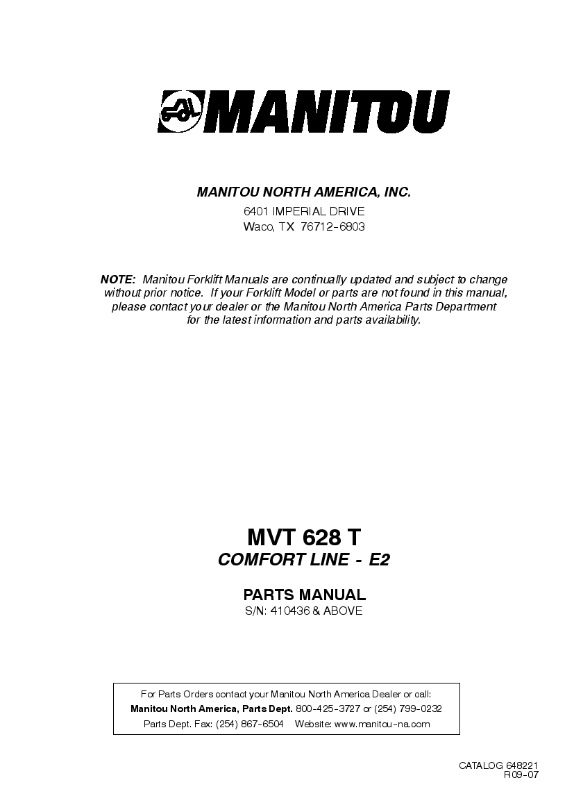Manitou Forklift MVT628TRev.09-07 Parts Manual PDF Download
