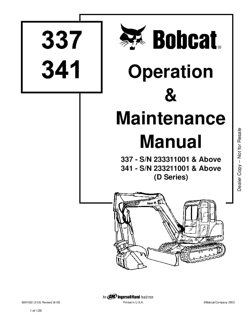 Bobcat 337 341 Compact Excavator D Series Operation and Maintenance