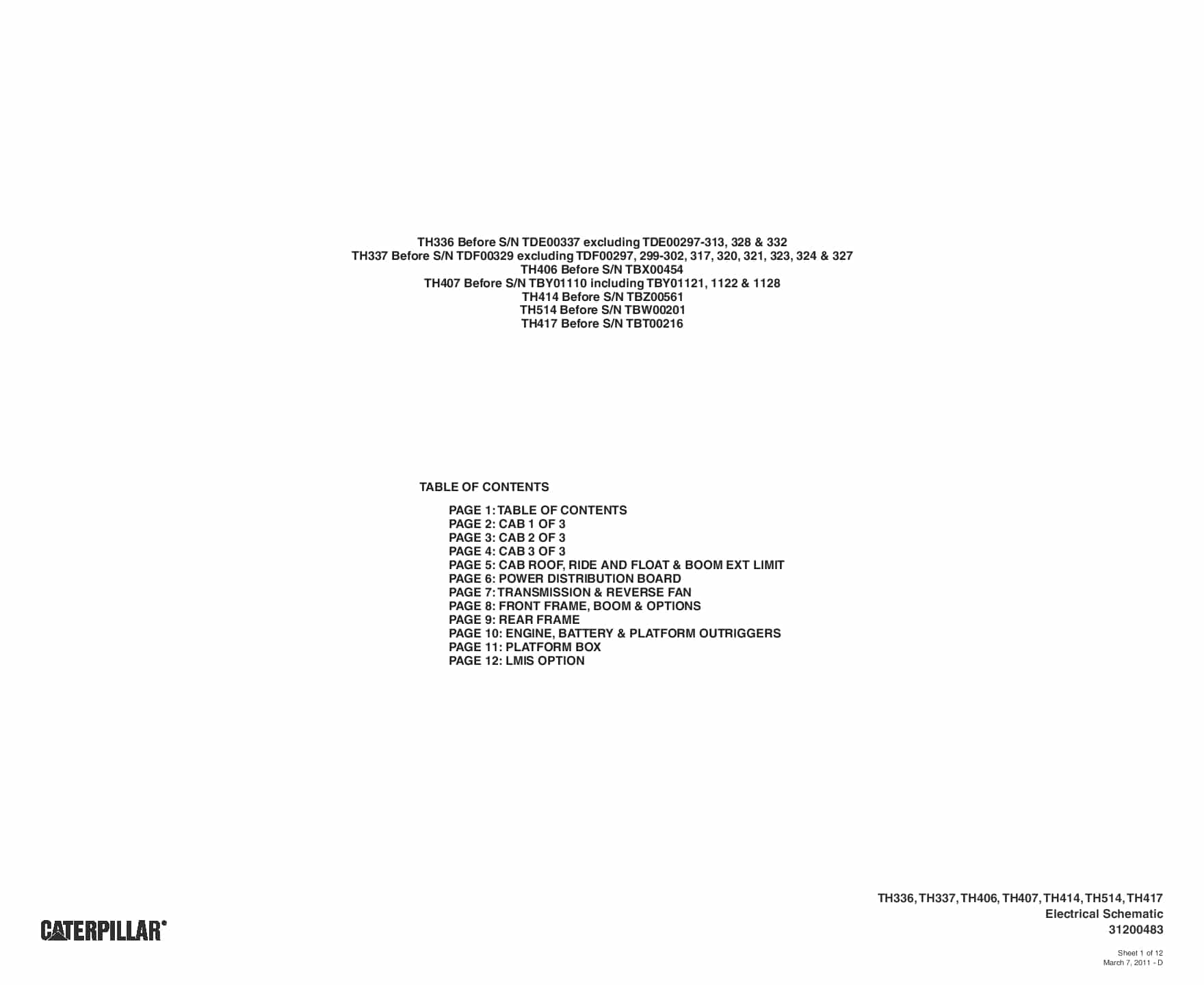 Cat Telehandler TH336, TH337, TH406,TH407, TH414, TH514, TH417 Electrical Schematic 01 PDF Download