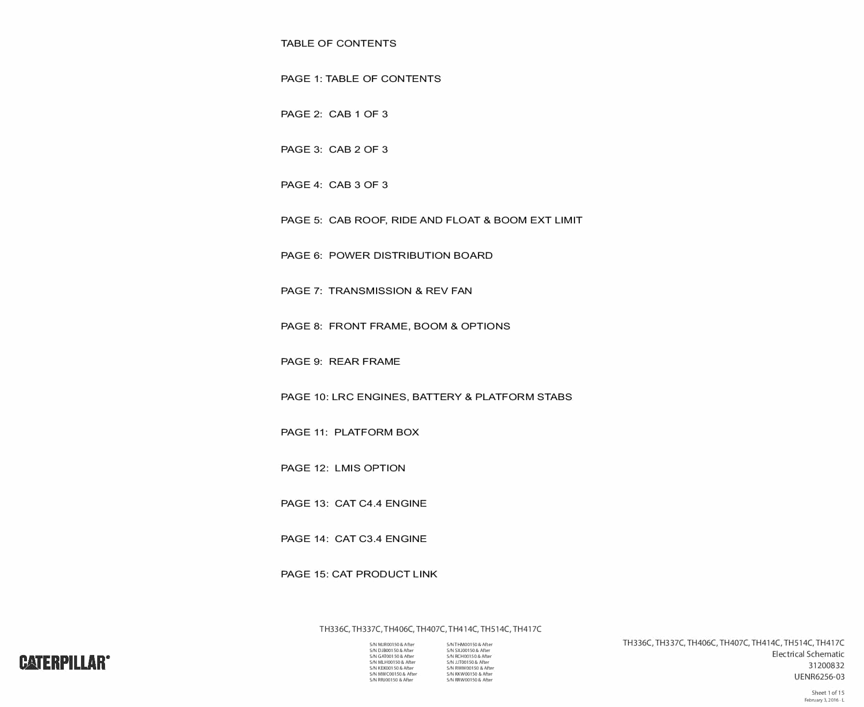 Cat Telehandler TH336C, TH337C, TH406C, TH407C, TH414C, TH514C, TH417C Electrical Schematic PDF Download