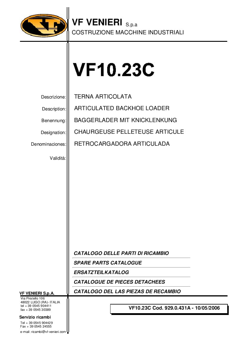 Venieri VF10.23C ARTICULATED BACKHOE LOADER Spare Parts Catalogue PDF Download