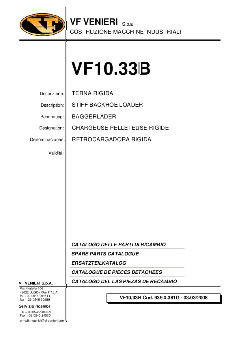 Venieri VF10.33B STIFF BACKHOE LOADER Spare Parts Catalogue PDF Download
