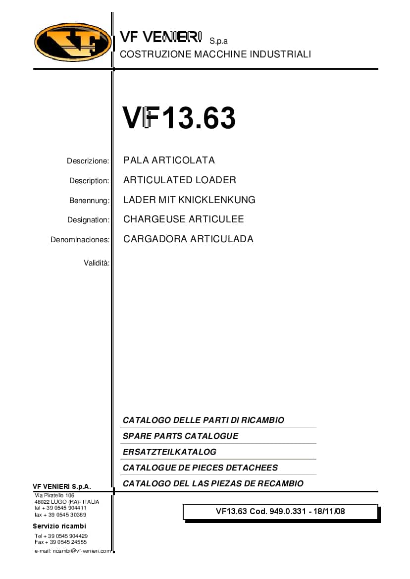 Venieri VF13.63 STIFF BACKHOE LOADER Spare Parts Catalogue PDF Download