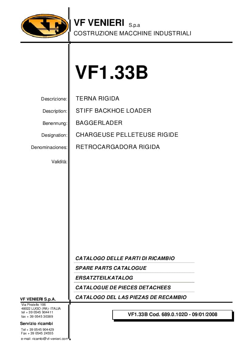 Venieri VF133B STIFF BACKHOE LOADER Spare Parts Catalogue PDF Download