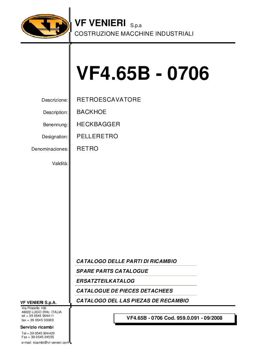 Venieri VF4.65B - 0706 BACKHOE Spare Parts Catalogue PDF Download
