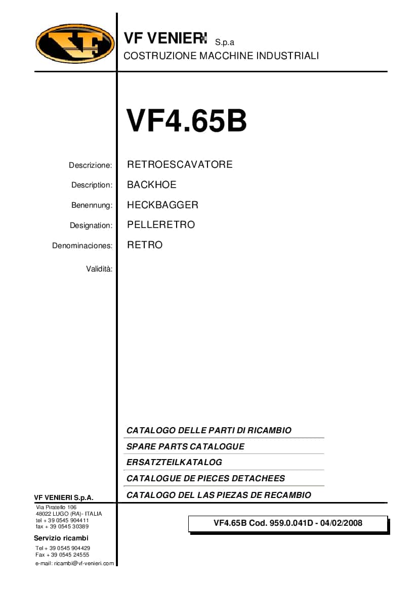 Venieri VF4.65B BACKHOE Spare Parts Catalogue PDF Download