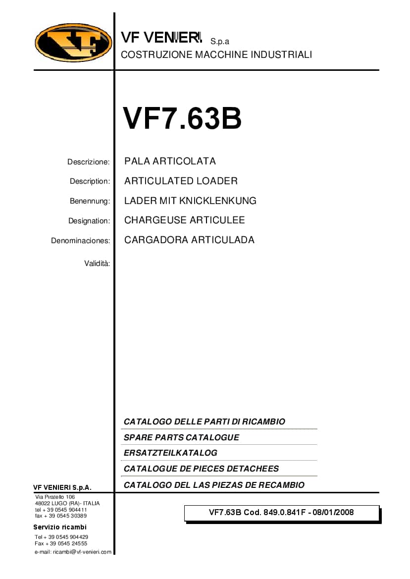 Venieri VF7.63B ARTICULATED LOADER Spare Parts Catalogue PDF Download