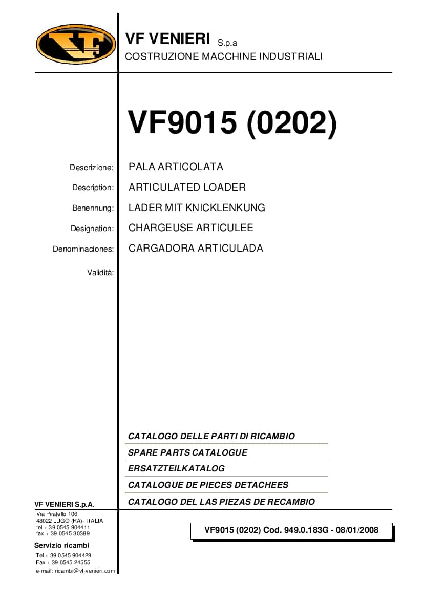 Venieri VF9015 (0202) ARTICULATED LOADER Spare Parts Catalogue PDF Download