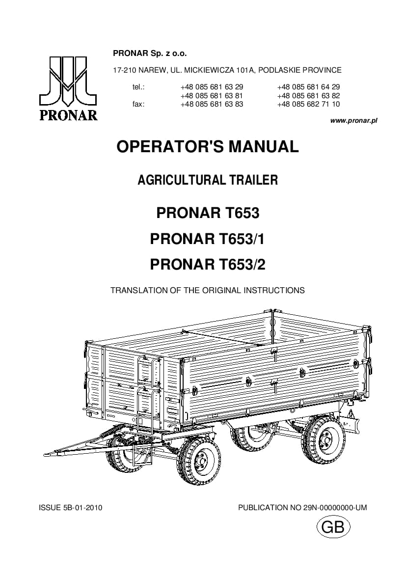 Agricultural Trailer Pronar T653 T653 1 T653 2 Workshop Repair Service Manual PDF Download
