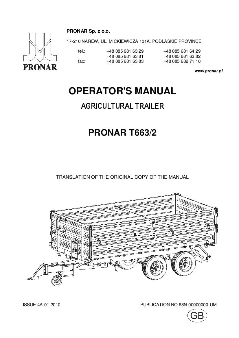 Agricultural Trailer Pronar T663 2 Workshop Repair Service Manual PDF Download