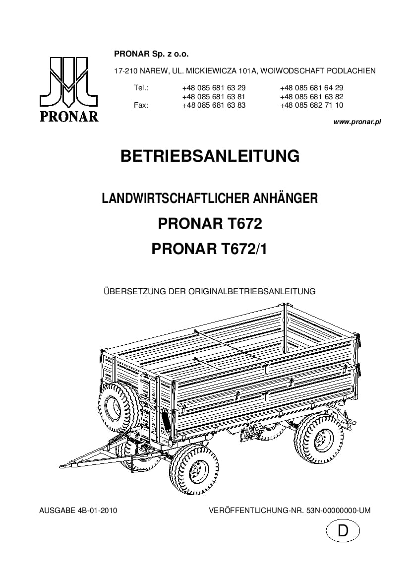 Agricultural Trailer Pronar T672 T672 1 Workshop Repair Service Manual PDF Download