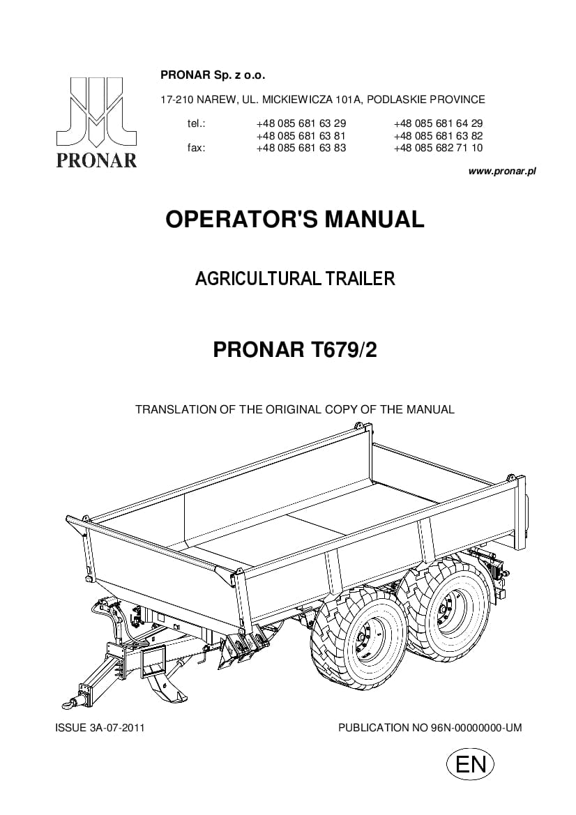 Agricultural Trailer Pronar T679 2 Workshop Repair Service Manual PDF Download