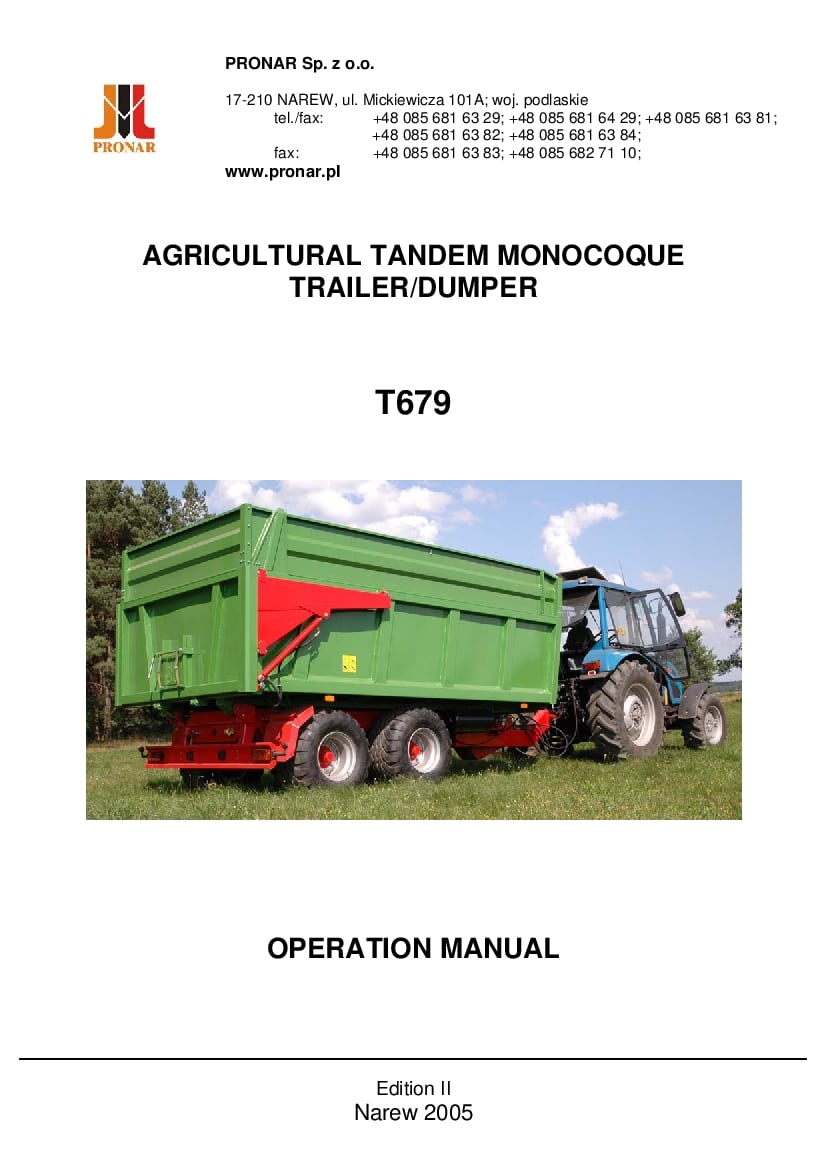 Agricultural Trailer Pronar T679 Workshop Repair Service Manual PDF Download