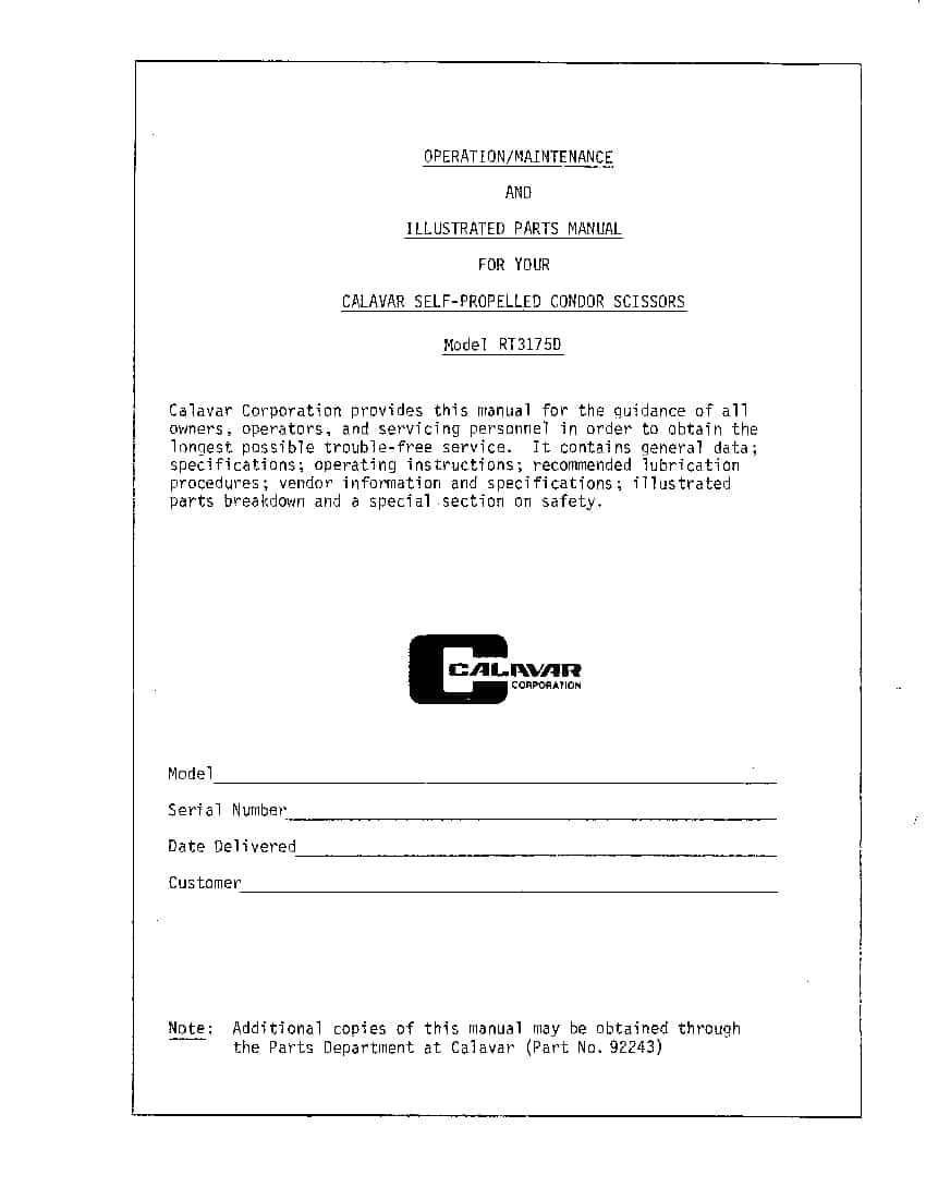 CONDOR RT3175D 92243 SCISSOR LIFT SCISSOR LIFT Parts Manual PDF Download