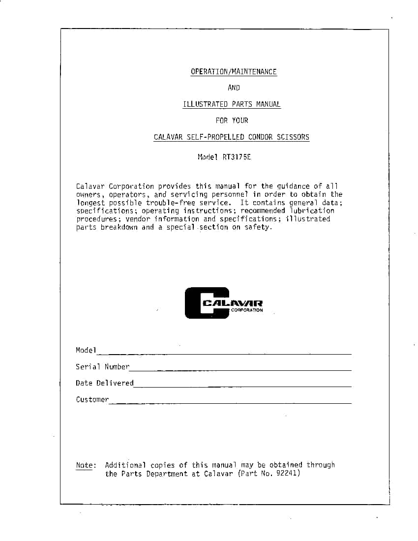 CONDOR RT3175E 92241 SCISSOR LIFT SCISSOR LIFT Parts Manual PDF Download