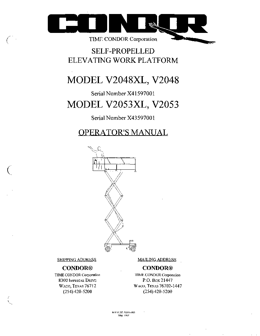 CONDOR V2048XL,V2053XL 92356 SCISSOR LIFT SCISSOR LIFT Parts Manual PDF Download