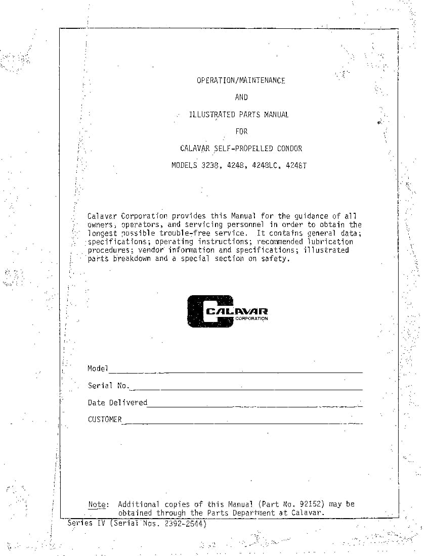 Calavar 3238, 4248, 4248LC, 4248T OMP 92361 Operators Manual and Part Manual PDF Download