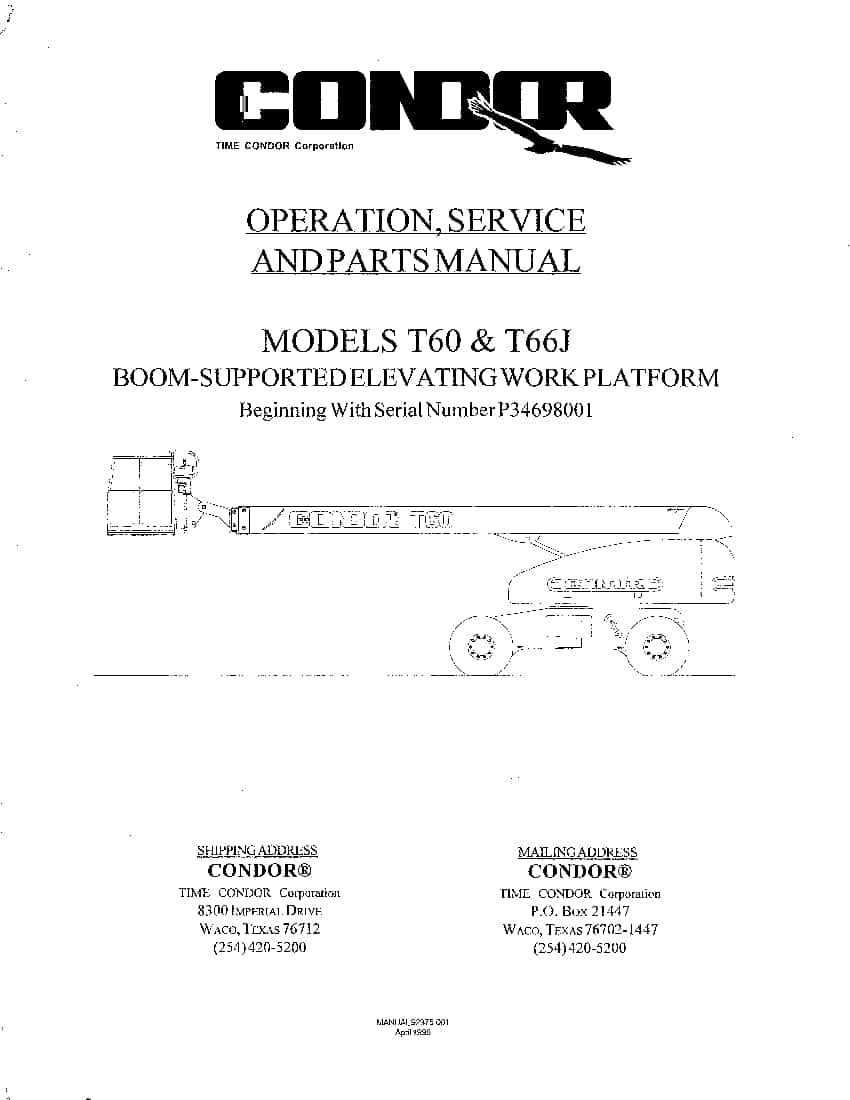 Condor T60 T66 BOOM LIFT Parts Manual PDF Download