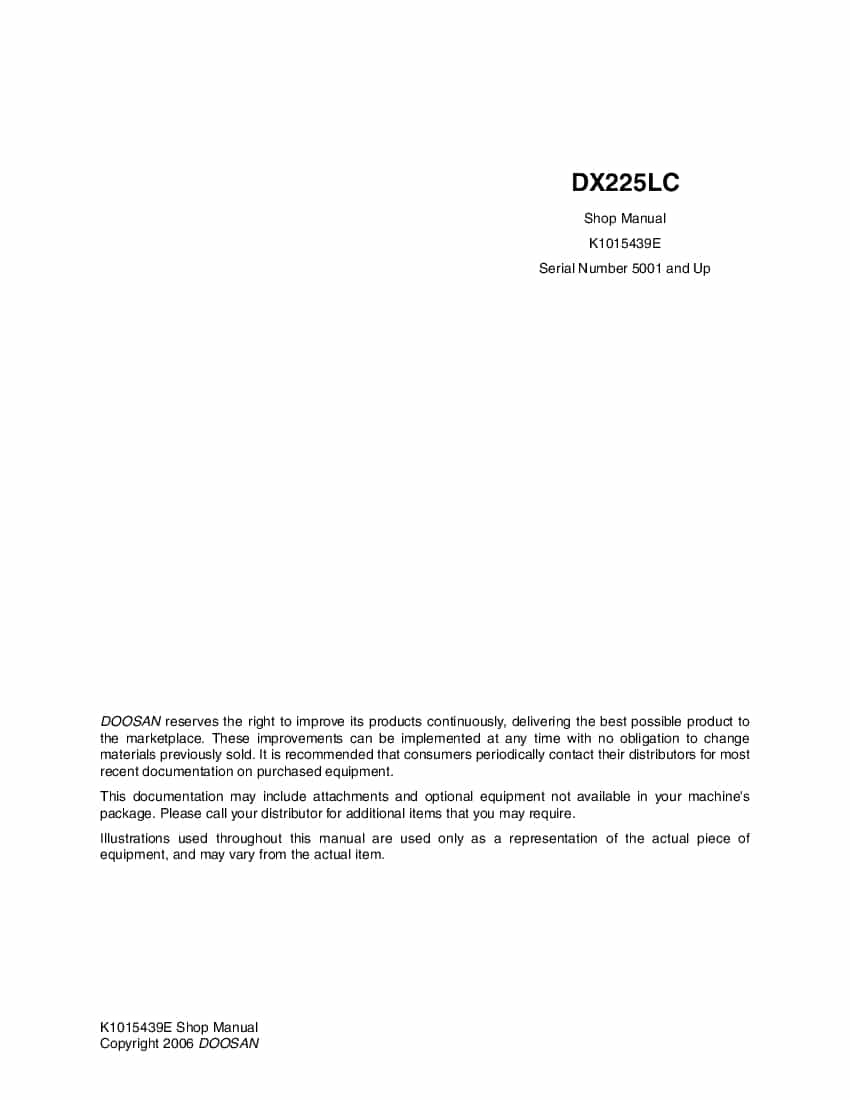 DOOSAN DX225LC Excavator Workshop Repair Service Manual PDF Download