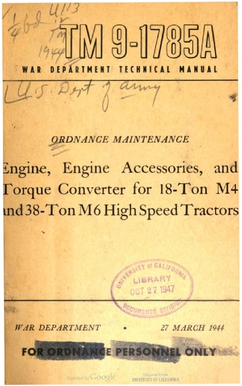 Engine Accessories And Torque Converter For 18 Ton M4 38 Ton M6 Tractors 1944 Workshop Repair Service Manual PDF Download
