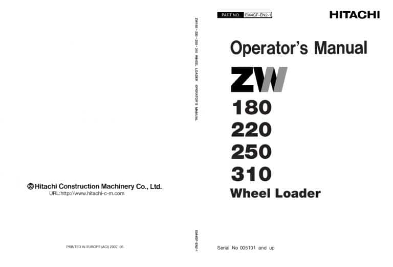 Hitachi ZW180 220 250 ZX310 Wheel Loader Operation and Maintenance Manual PDF Download