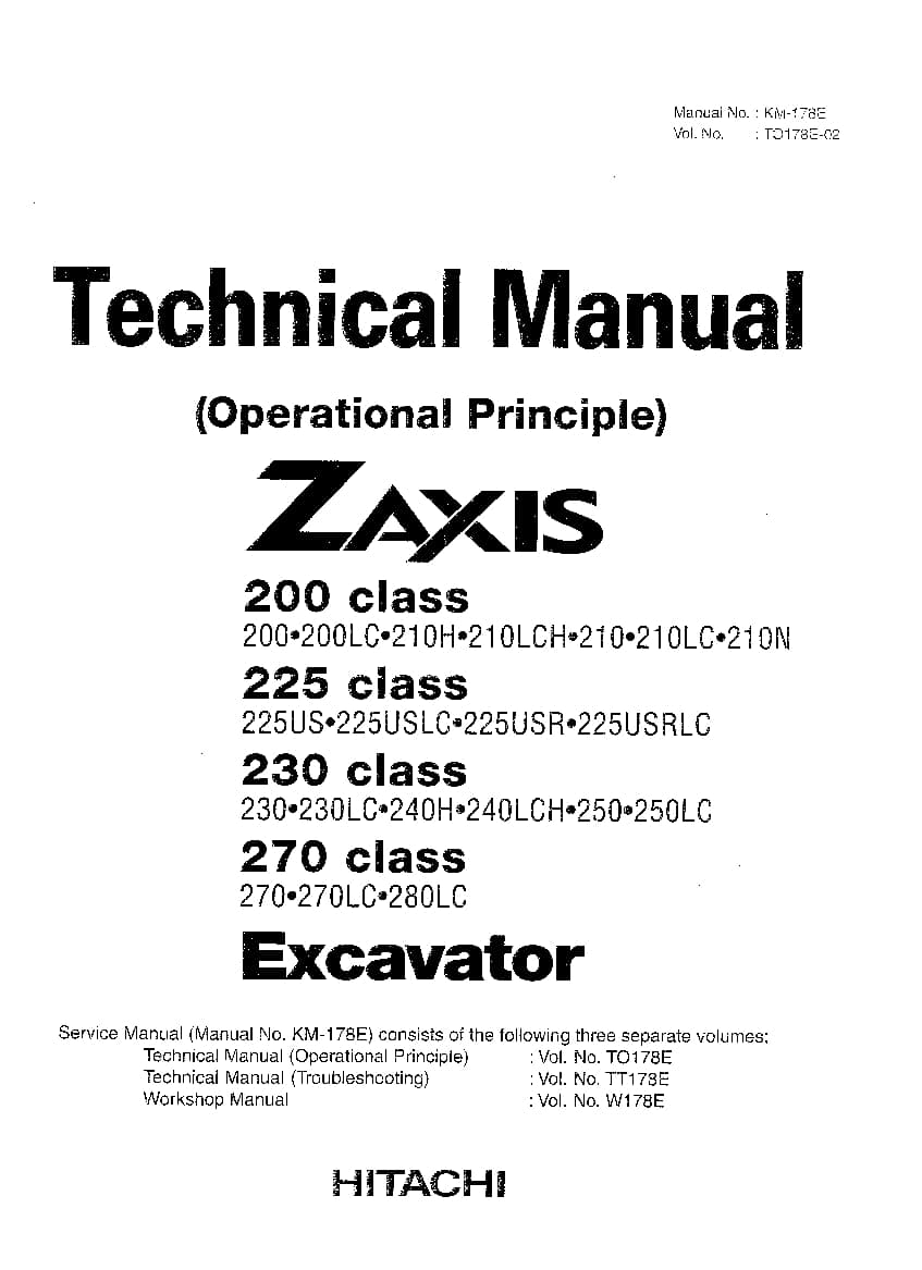 Hitachi ZX200 210 225 230 240 250 270 280 Excavator Operational Principle Technical Manual PDF Download