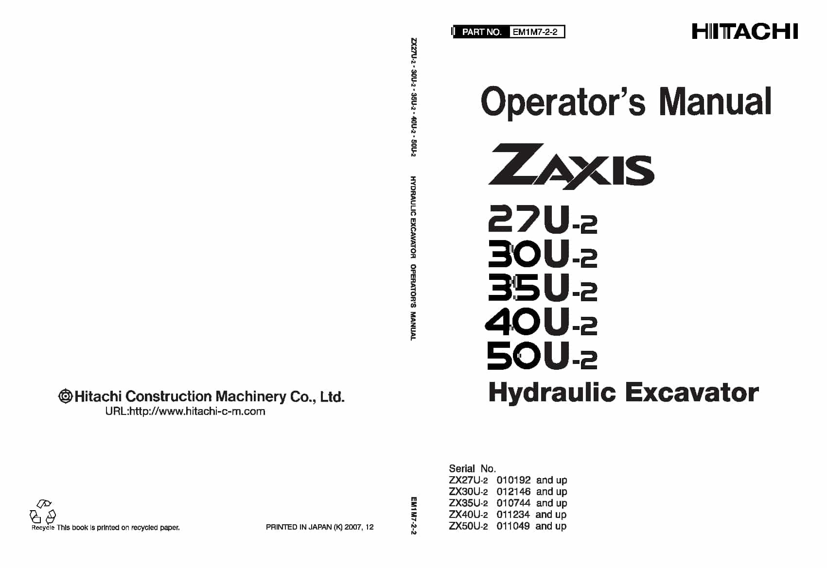 Hitachi ZX27-2 30 35 40 50U-2 Excavator Operation and Maintenance Manual PDF Download