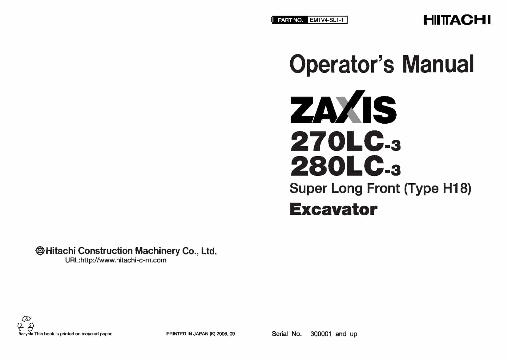 Hitachi ZX270LC-3 280LC-3 Excavator Operation and Maintenance Manual PDF Download