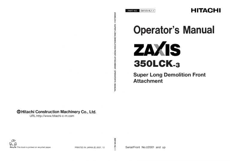 Hitachi ZX350LCK-3 Excavator Operation and Maintenance Manual PDF Download