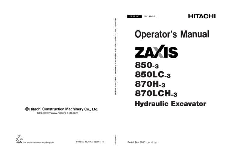 Hitachi ZX850-3 870-3 LCH Excavator Operation and Maintenance Manual PDF Download