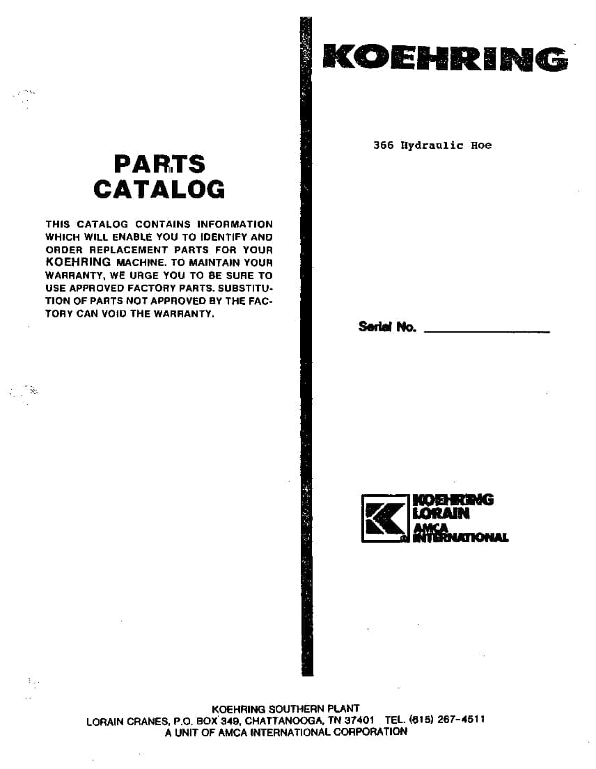 KOEHRING BANTAM 36671100 EXCAVATOR Parts Manual PDF Download