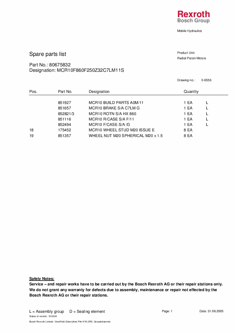MCR10F860-L Radial Piston Motors Parts Manual PDF Download