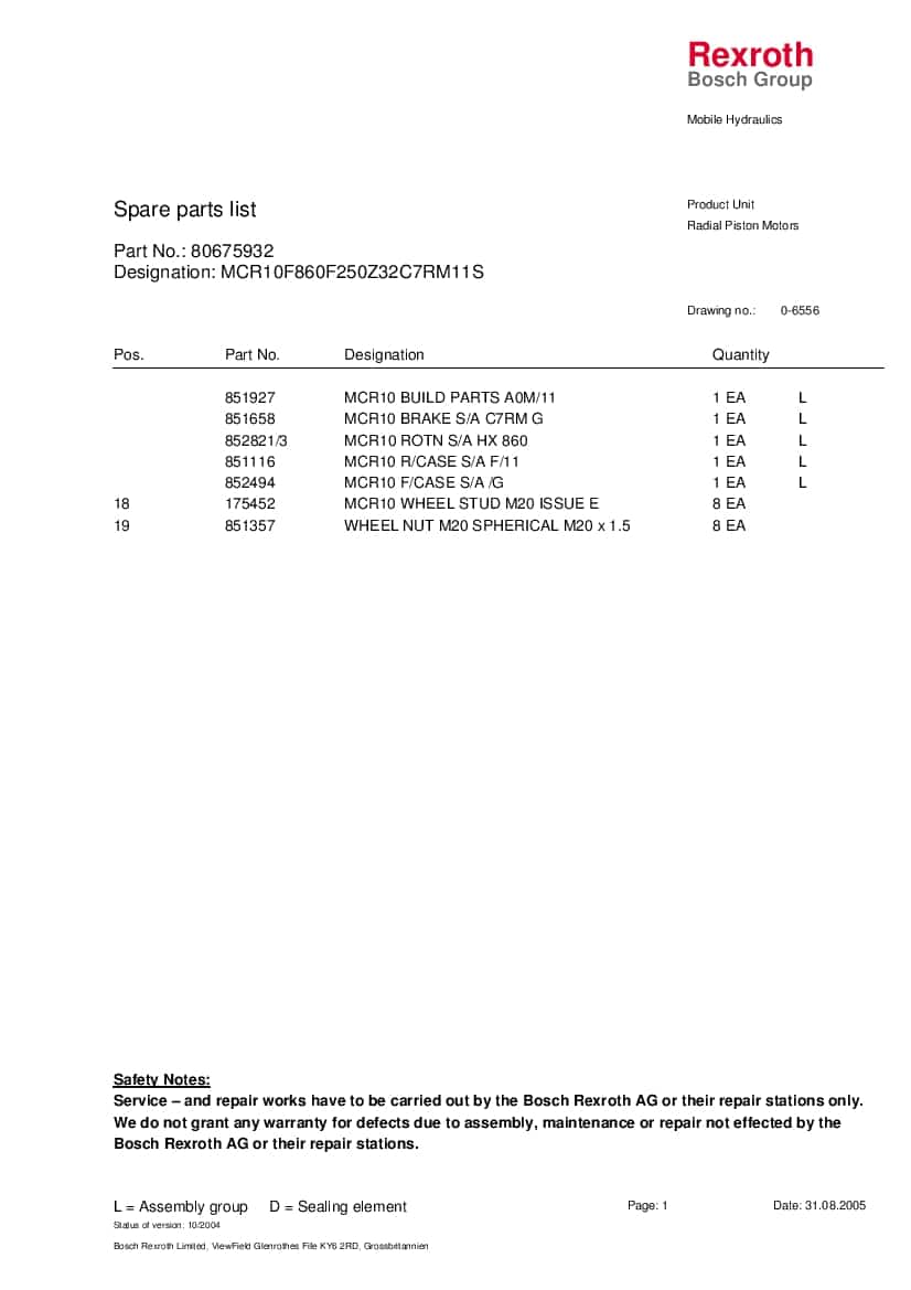 MCR10F860-R Radial Piston Motors Parts Manual PDF Download