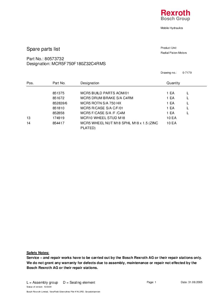 MCR5F750-R Radial Piston Motors Parts Manual PDF Download