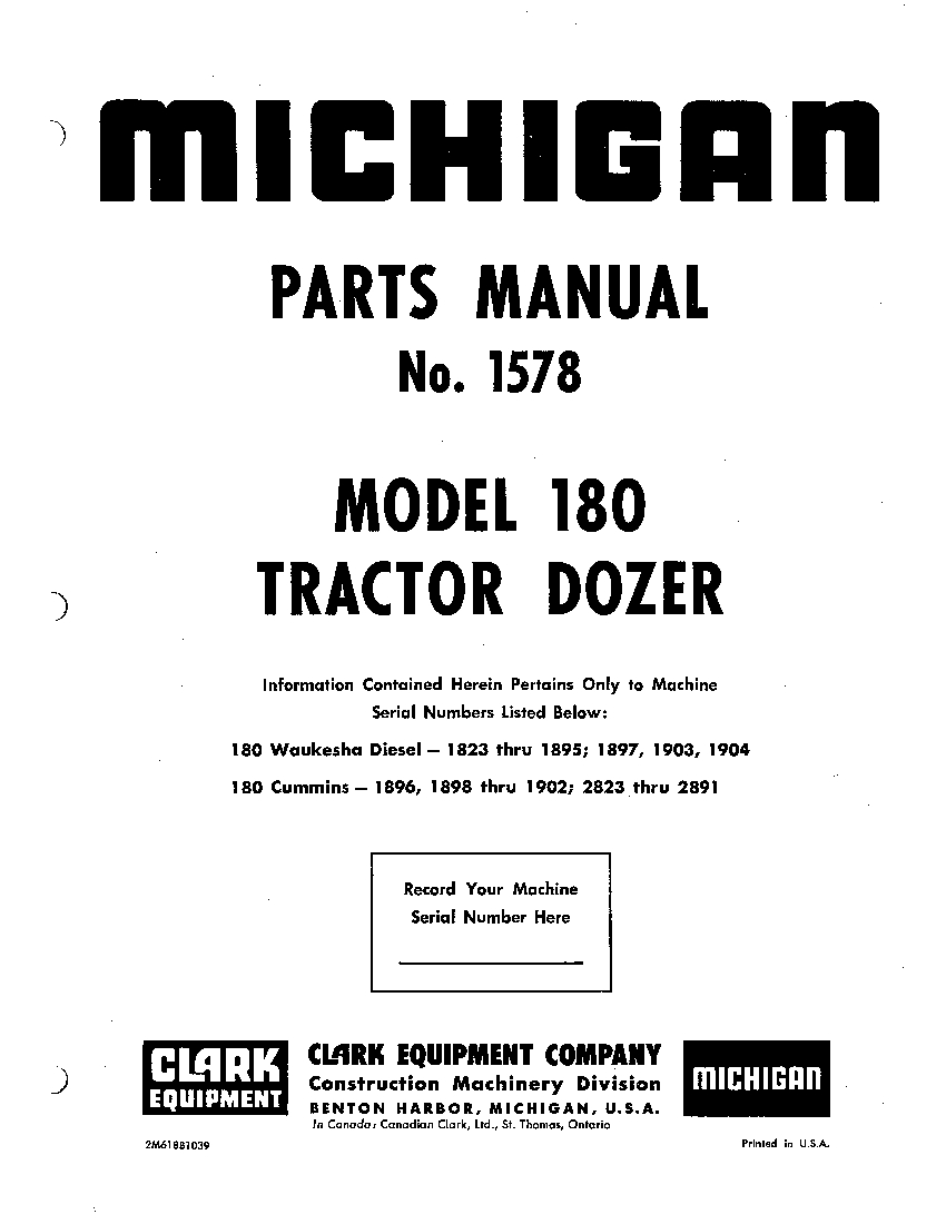 MICHIGAN DOZER 180 1578 Parts Manual PDF Download