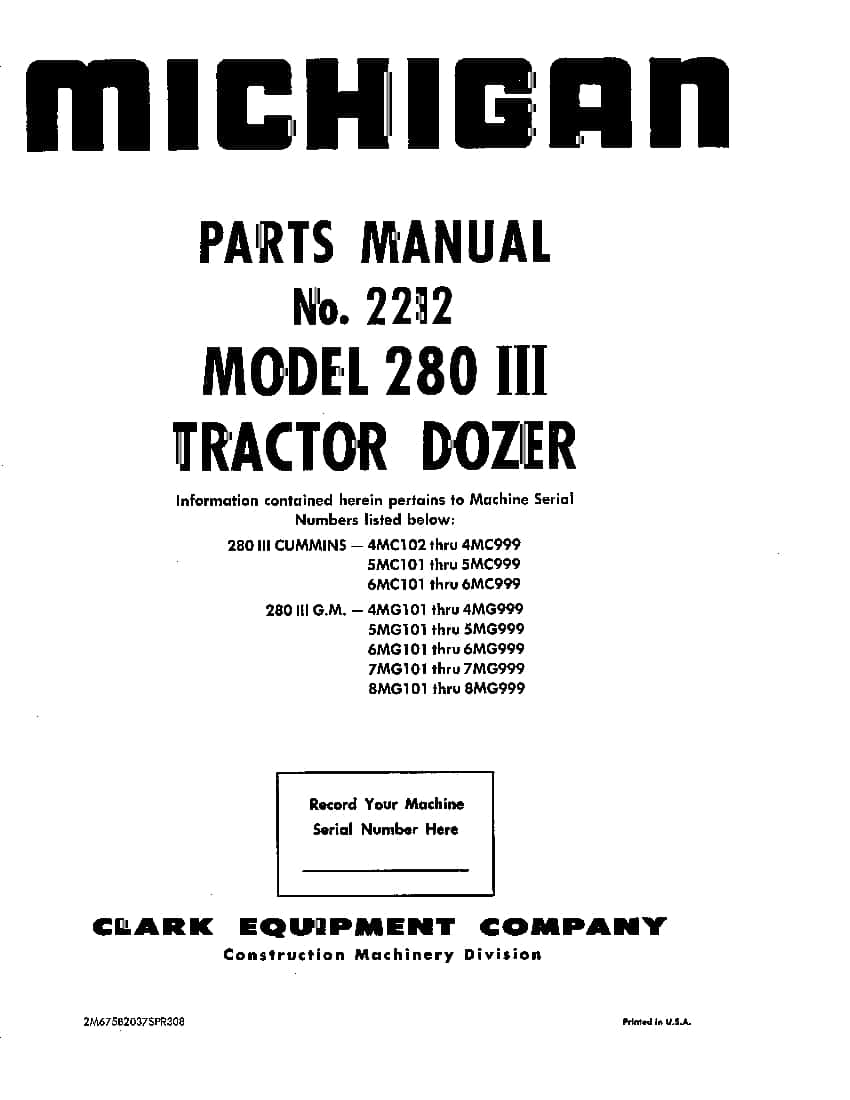 MICHIGAN DOZER 280III 1845 18 Parts Manual PDF Download