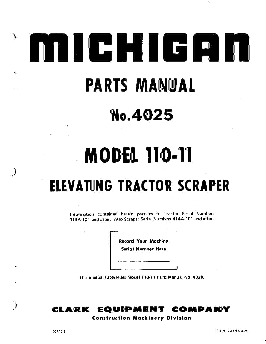 MICHIGAN SCRAPER 110-11 4025 Parts Manual PDF Download