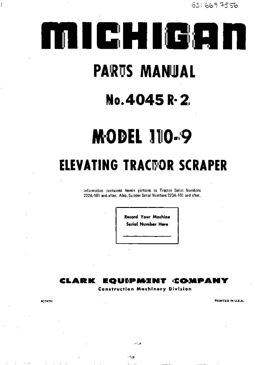 MICHIGAN SCRAPER 110-9 4045 R-2 Parts Manual PDF Download