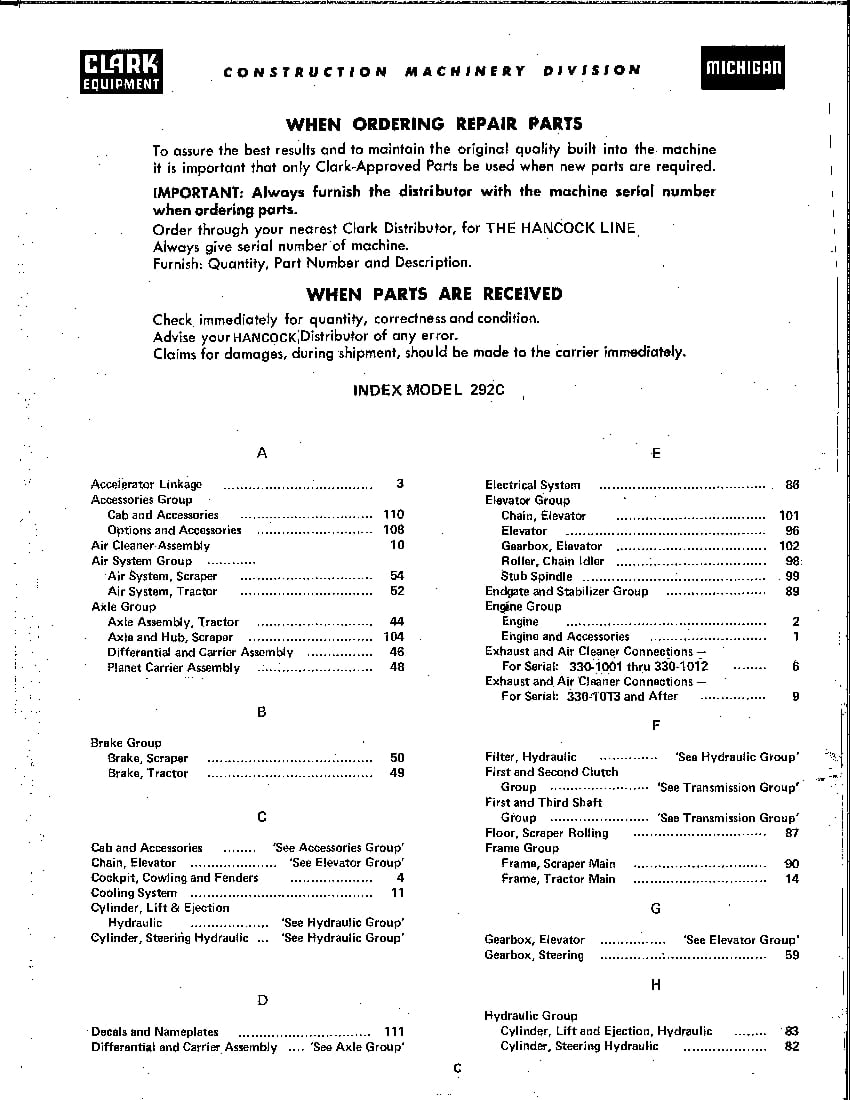 MICHIGAN SCRAPER 292C 1017 1027 Parts Manual PDF Download