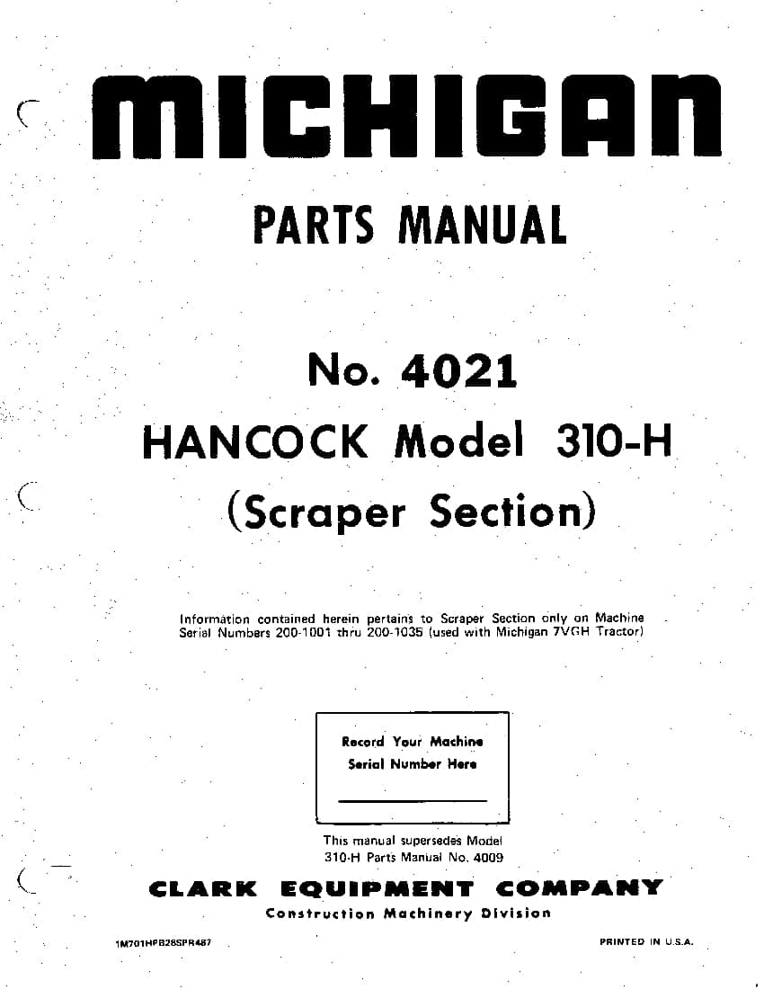 MICHIGAN SCRAPER 310H 4021 Parts Manual PDF Download